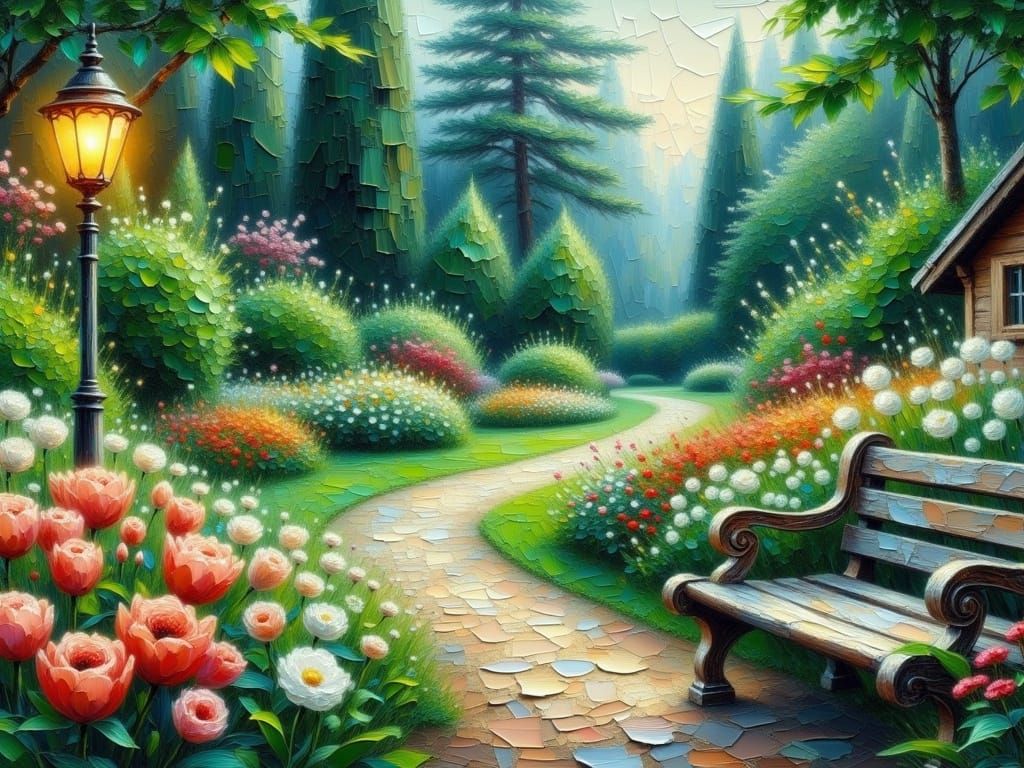 Impressionist Garden Scene with Vibrant Flowers and Warm Lig...