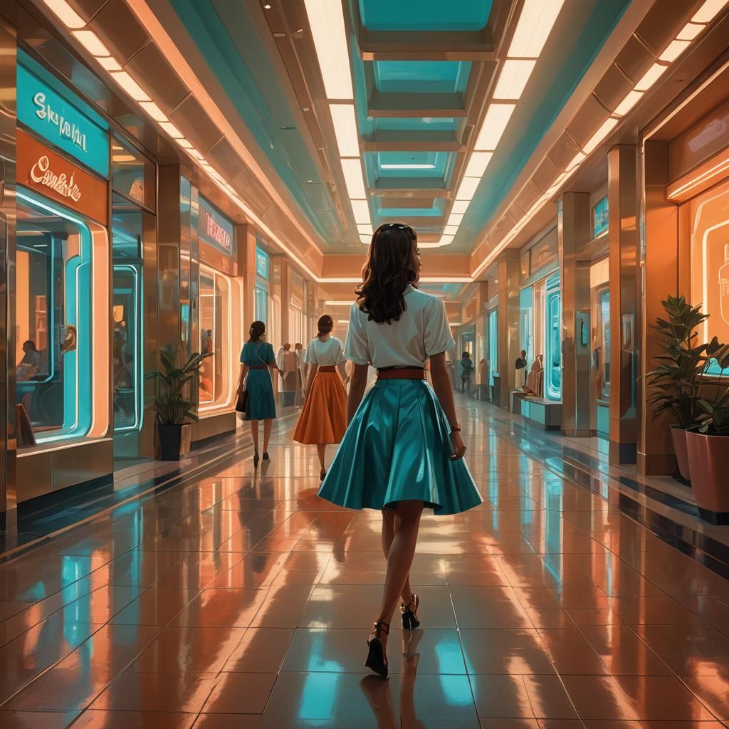 Retro-Futuristic Girl in 1950s Mall: Concept Art