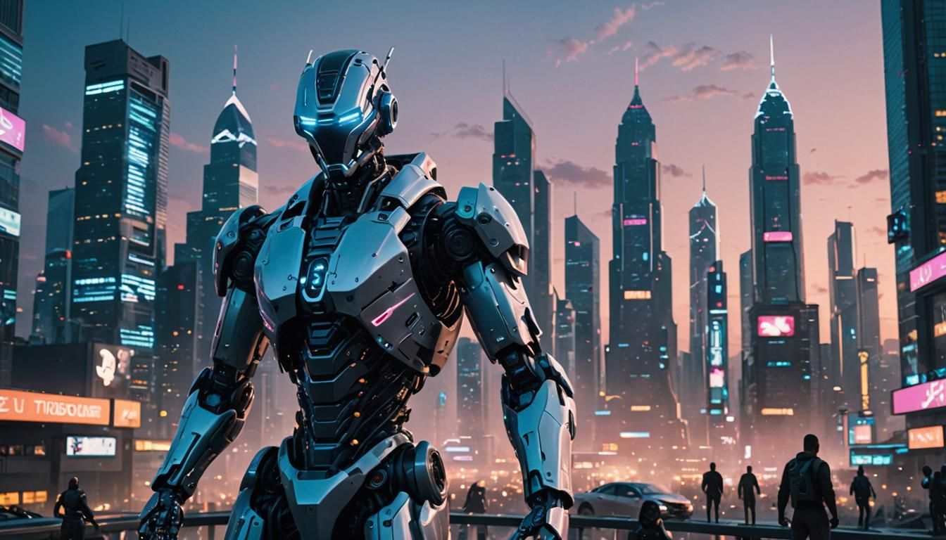 Futuristic AI Robot Conflict in Dystopian Cityscape