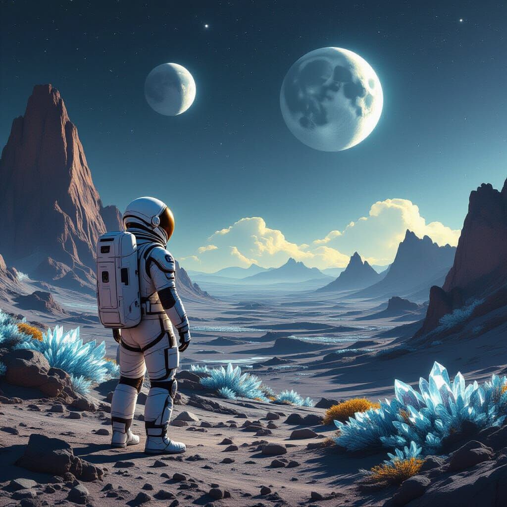 Astronaut Gazes at Twin Moons on Alien Planet