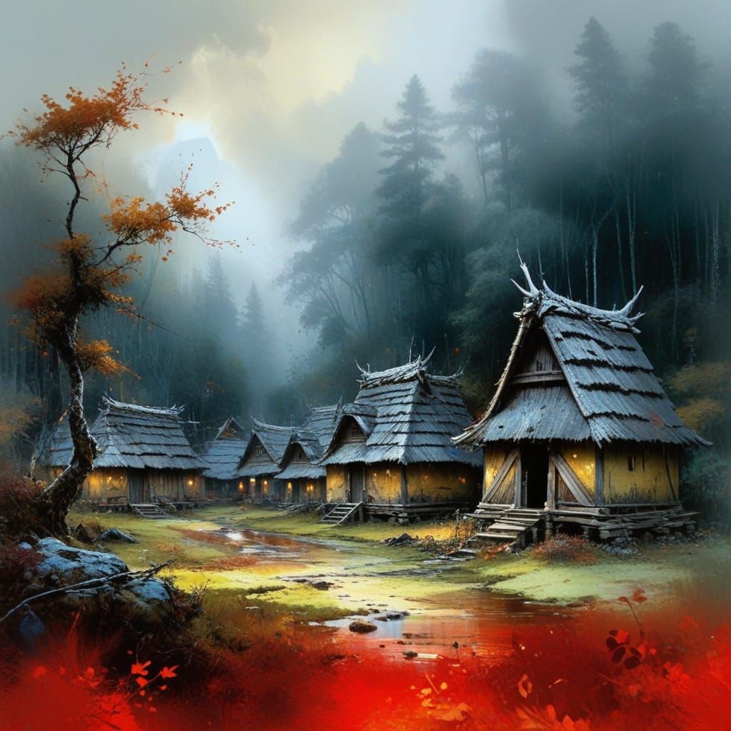 Ancient Village in the Forest, a Whimsical Autumn Masterpiec...
