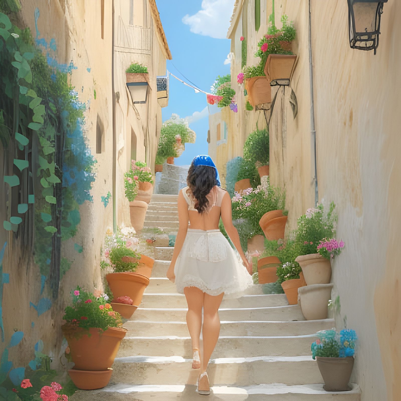 Woman Walks Mediterranean Street in Impressionist Style