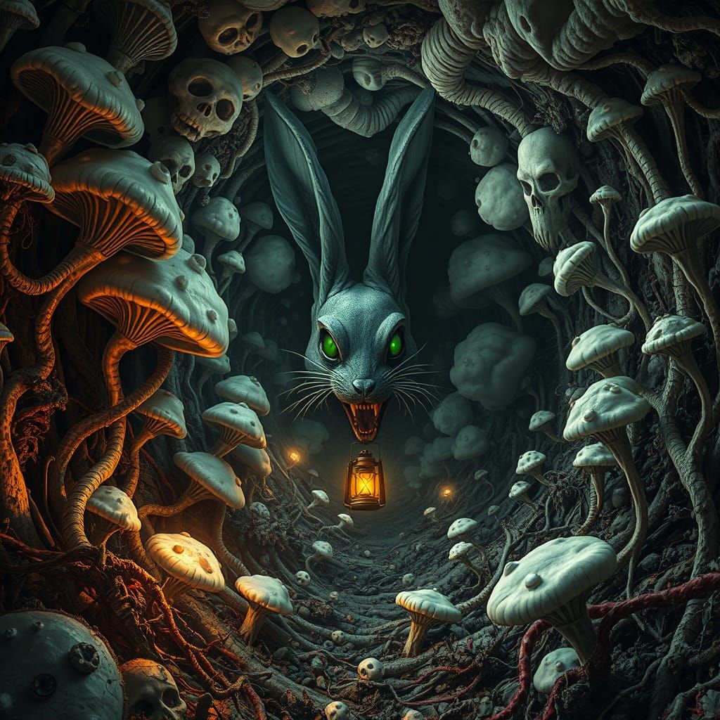 Horror Tunnel with Glowing Fungi in Biomechanical Style