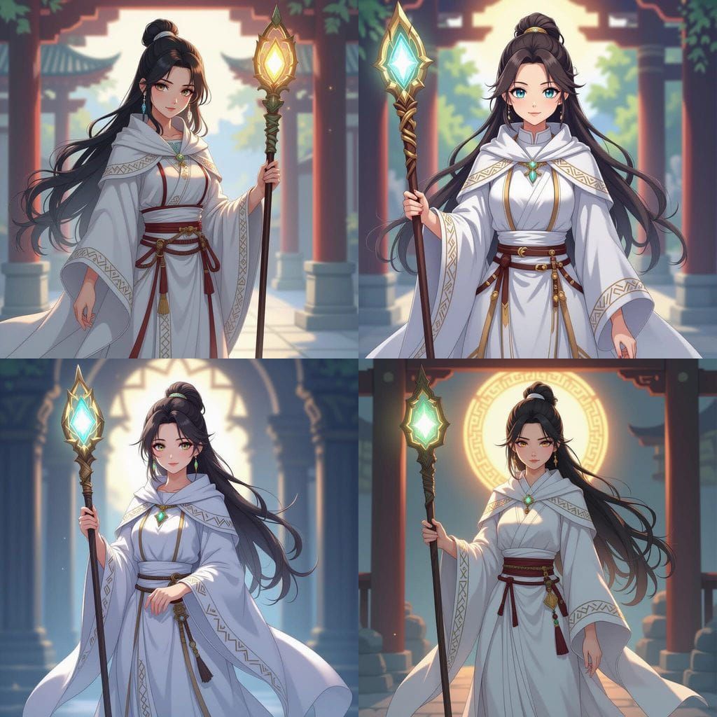 Anime Priestess Holding Staff in Stylized Temple