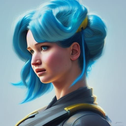 Blue-Haired Woman Portrait in Art Nouveau Style