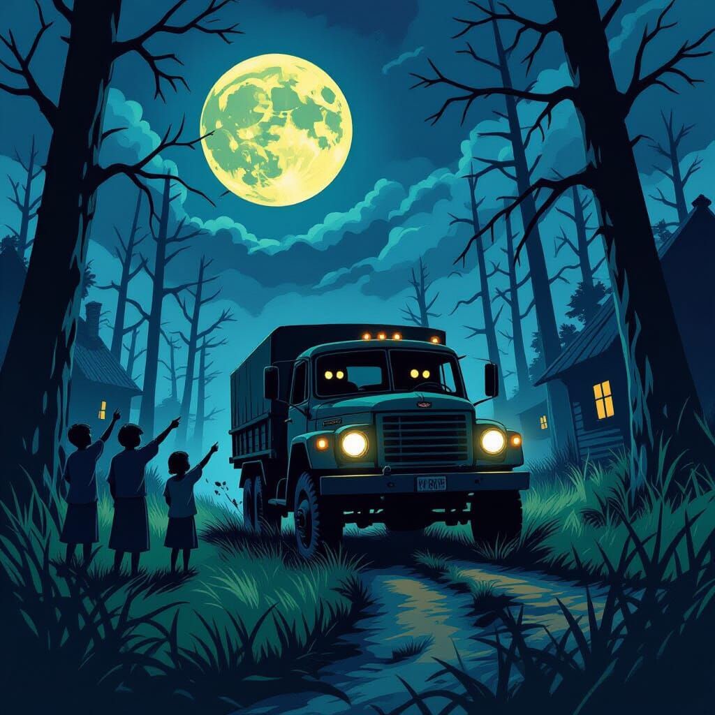 Eerie Village Moonlight Horror with Crooked Trees