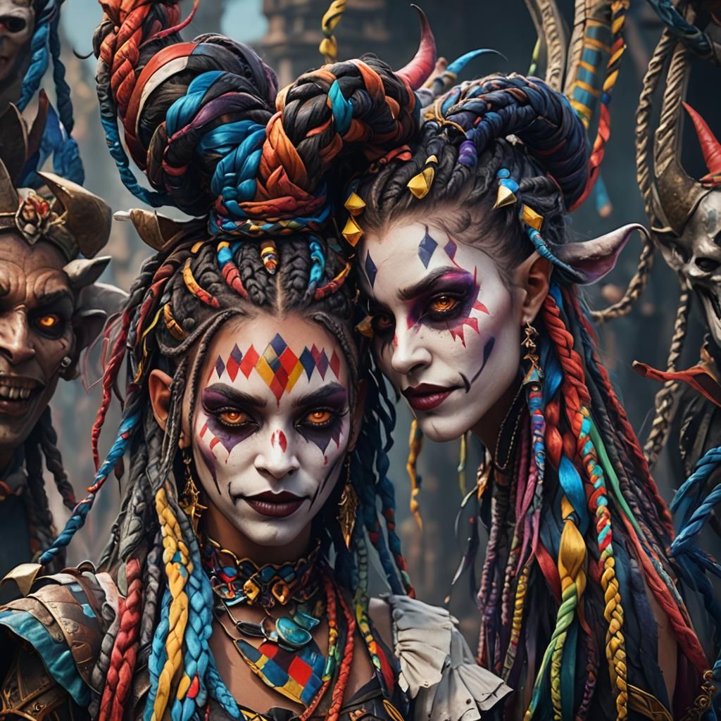 Demon with Multicoloured Braids as Harlequin