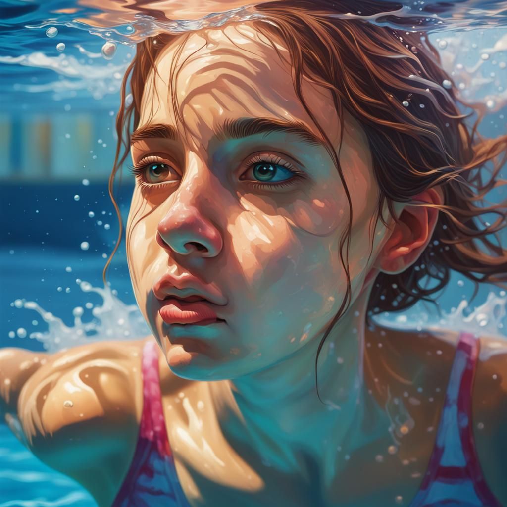 Hyperrealistic Girl Swimming in Pool Splash Art