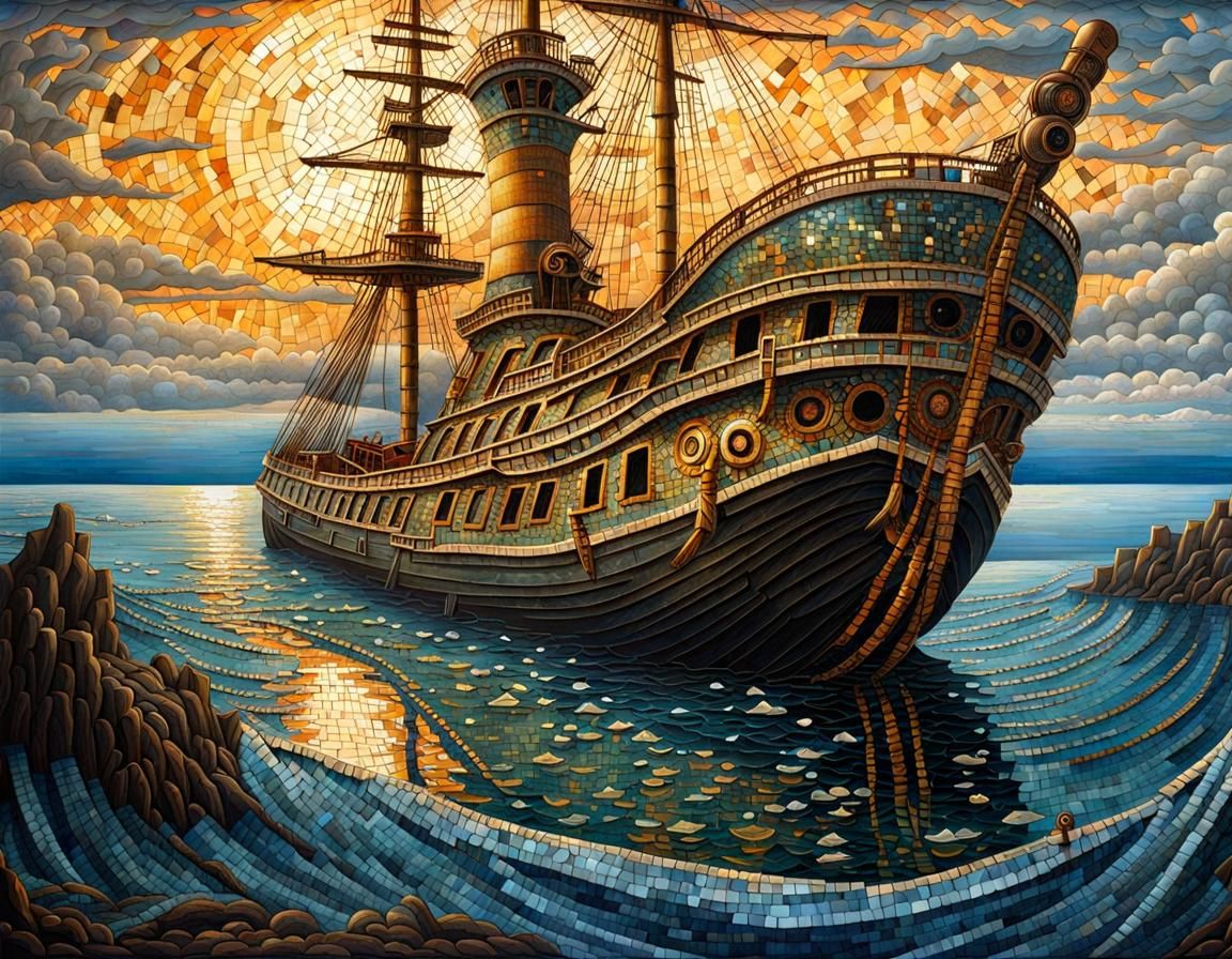 mosaic scene of a sunken ship romanticism mosaic beautiful gossamer hyperdetailed intricate seascape fantasycore