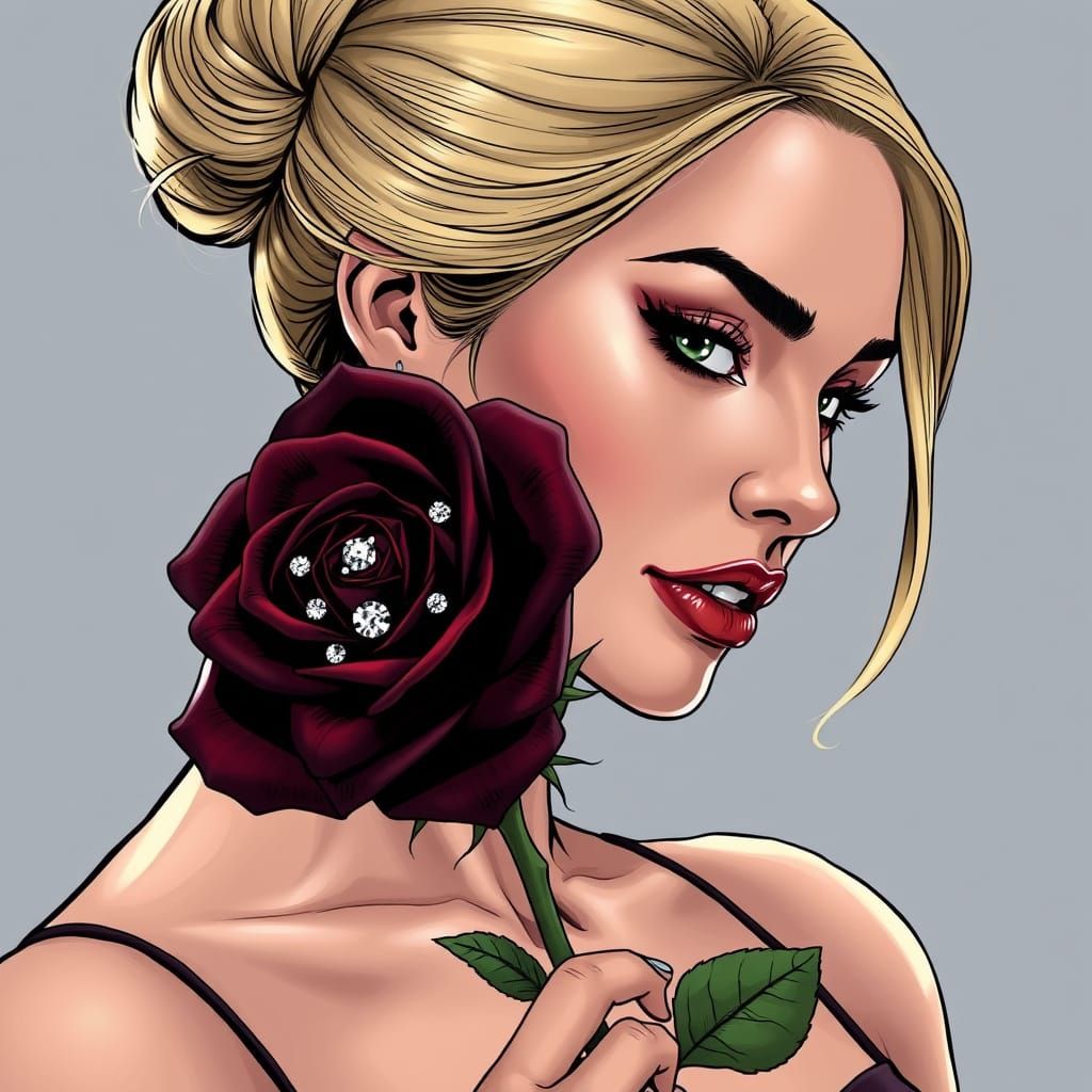 Elegant Woman with Rose in Comic Book Style