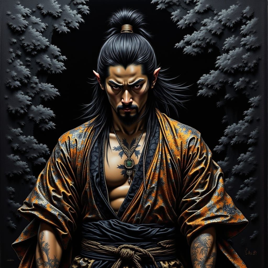 Samurai Warrior Emerges from Darkness in Impasto Fine Art St...
