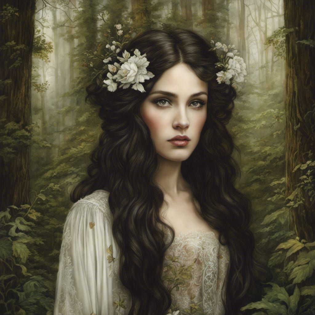 Dreamy Woman Portrait in Woods, Gothic Art Style