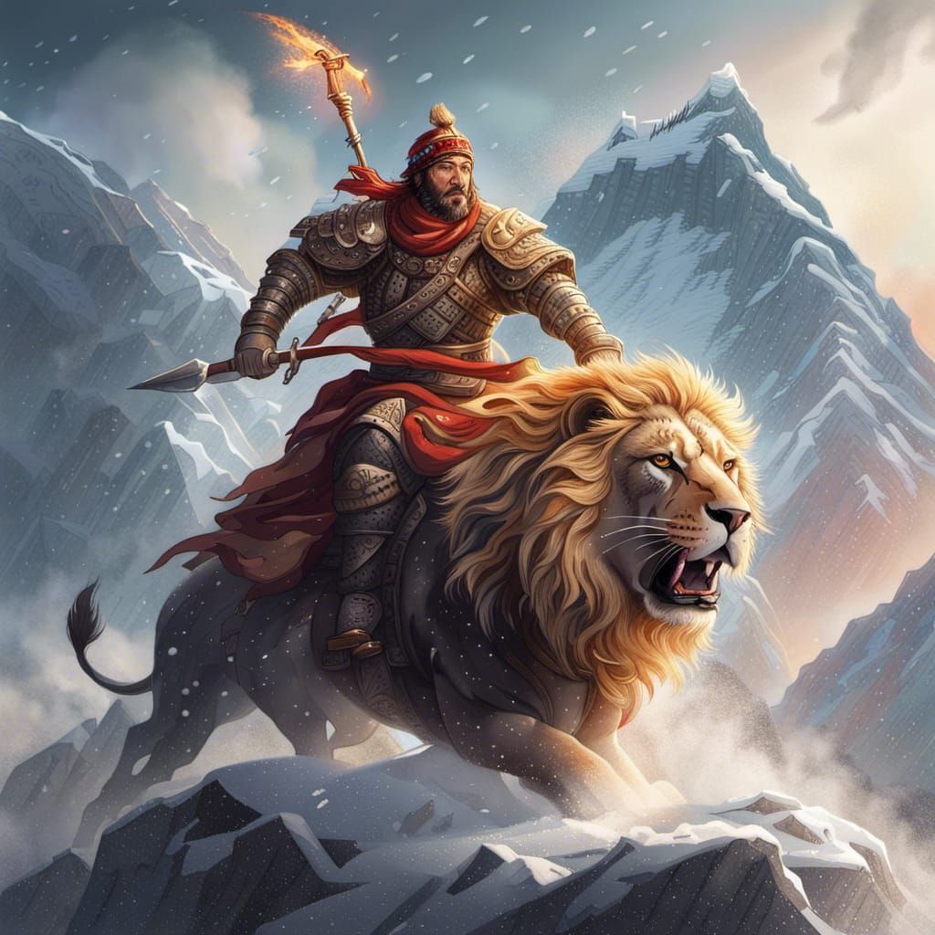 Snow Warrior on Lion with Blazing Sword