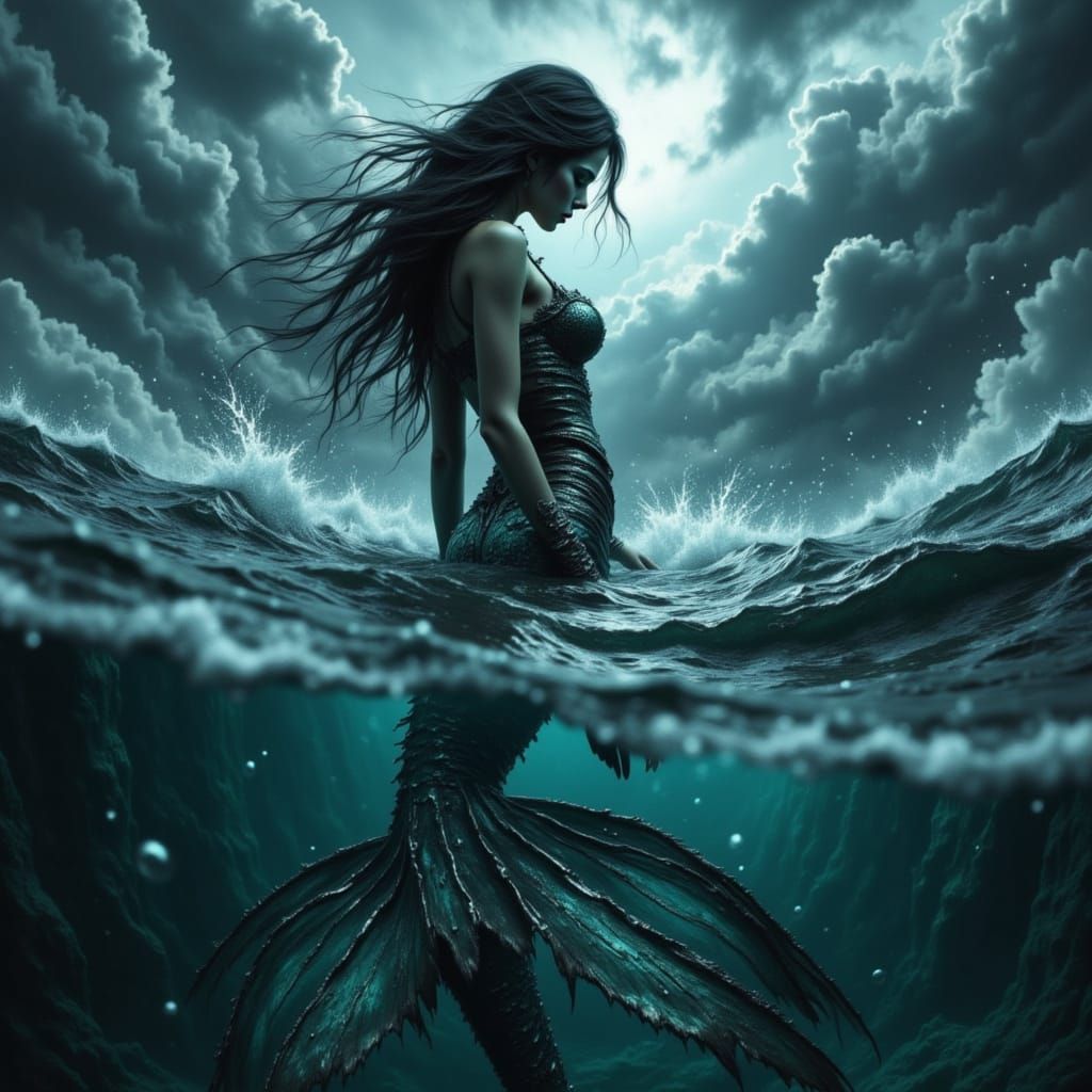 Gothic Mermaid with Metallic Tail Amidst Stormy Seas