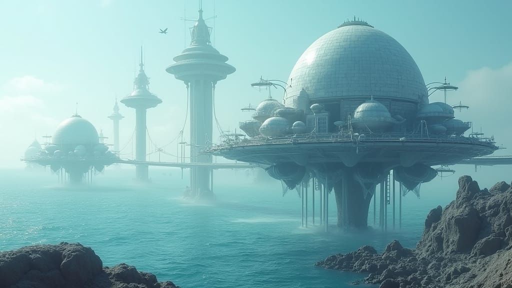 Futuristic Alien Cities Floating on Water Planet