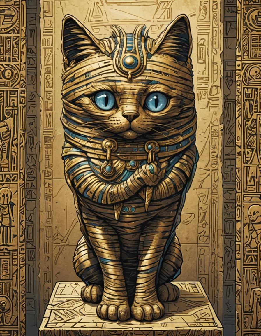 Mummified Egyptian Cat in Comic Book Style