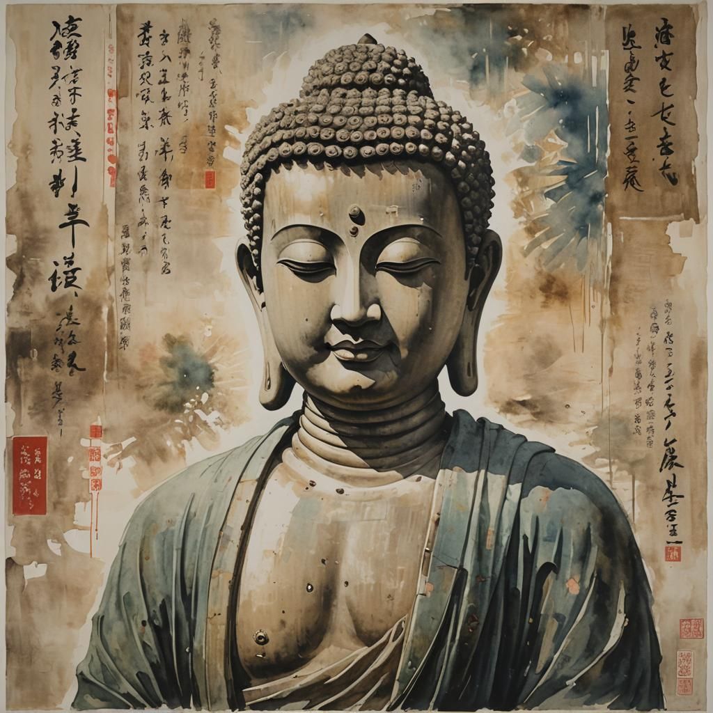 portrait of a buddha, by Victoria Crowe, muted colors, japanese text in background, watercolor