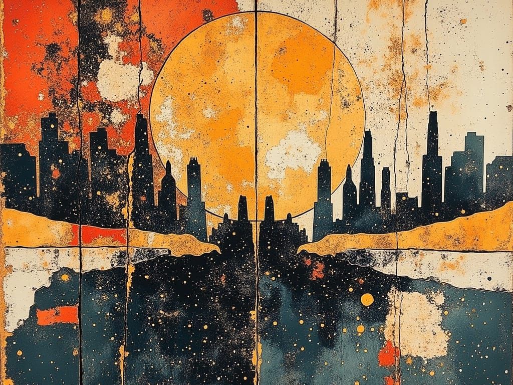 Dadaist Fireworks Display Over Cityscape