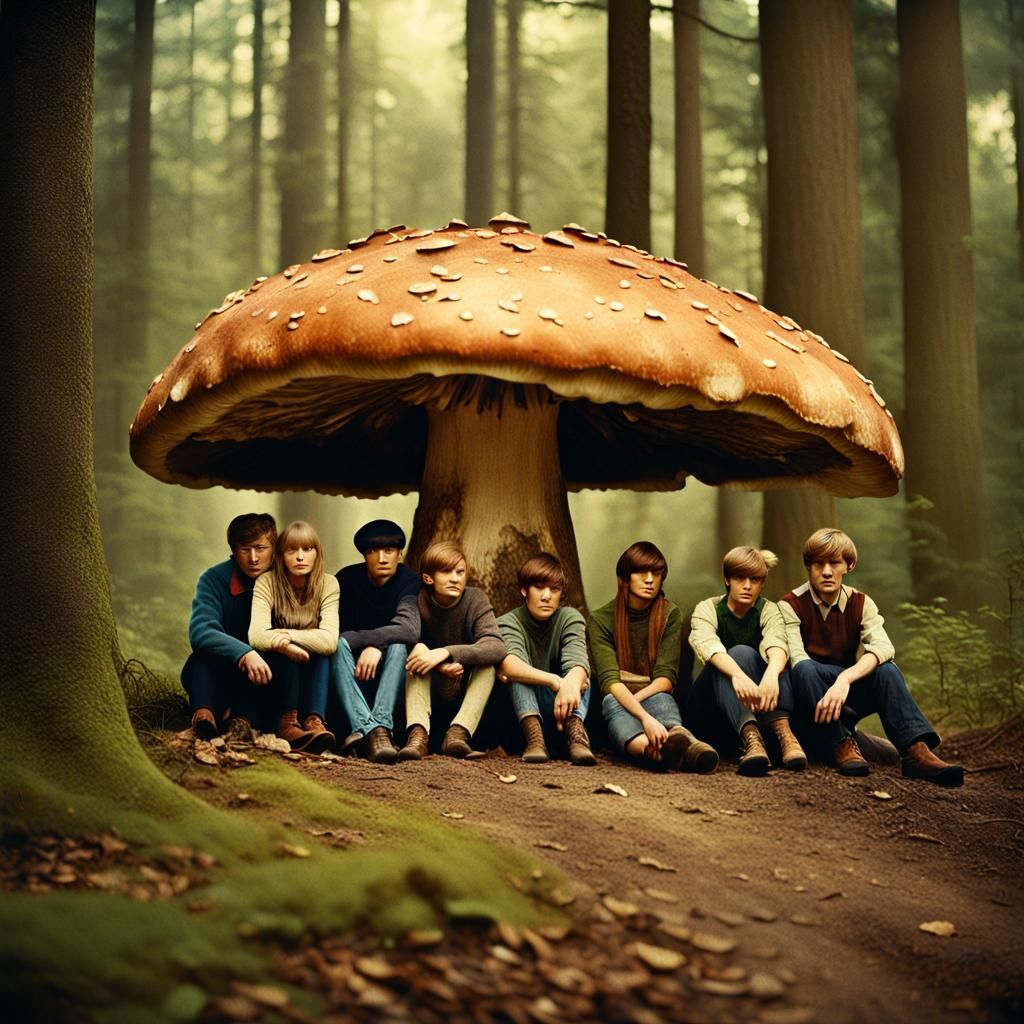 Vintage Photo: People Resting Against Giant Mushroom