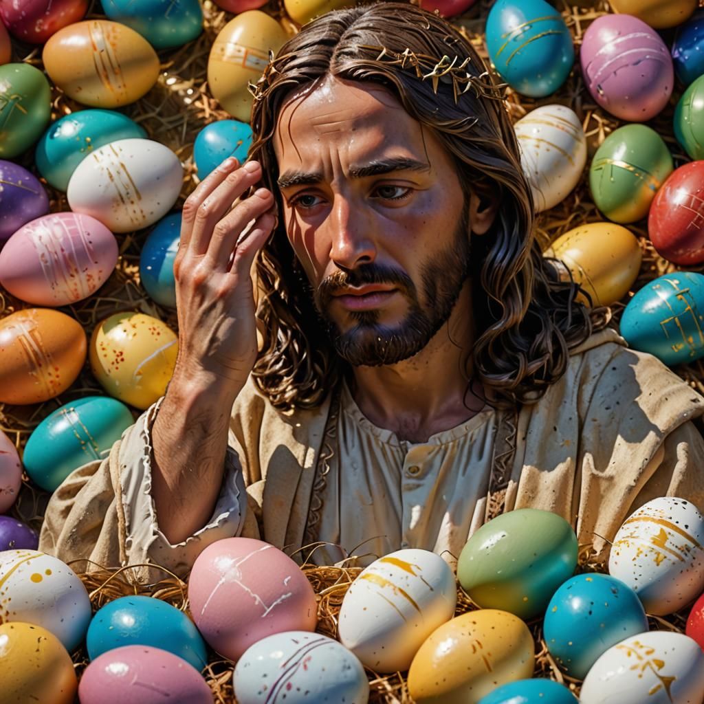 Jesus crying over of easter eggs beautiful looking at the eggs the background of easter Hyperrealistic, splash art, conc...