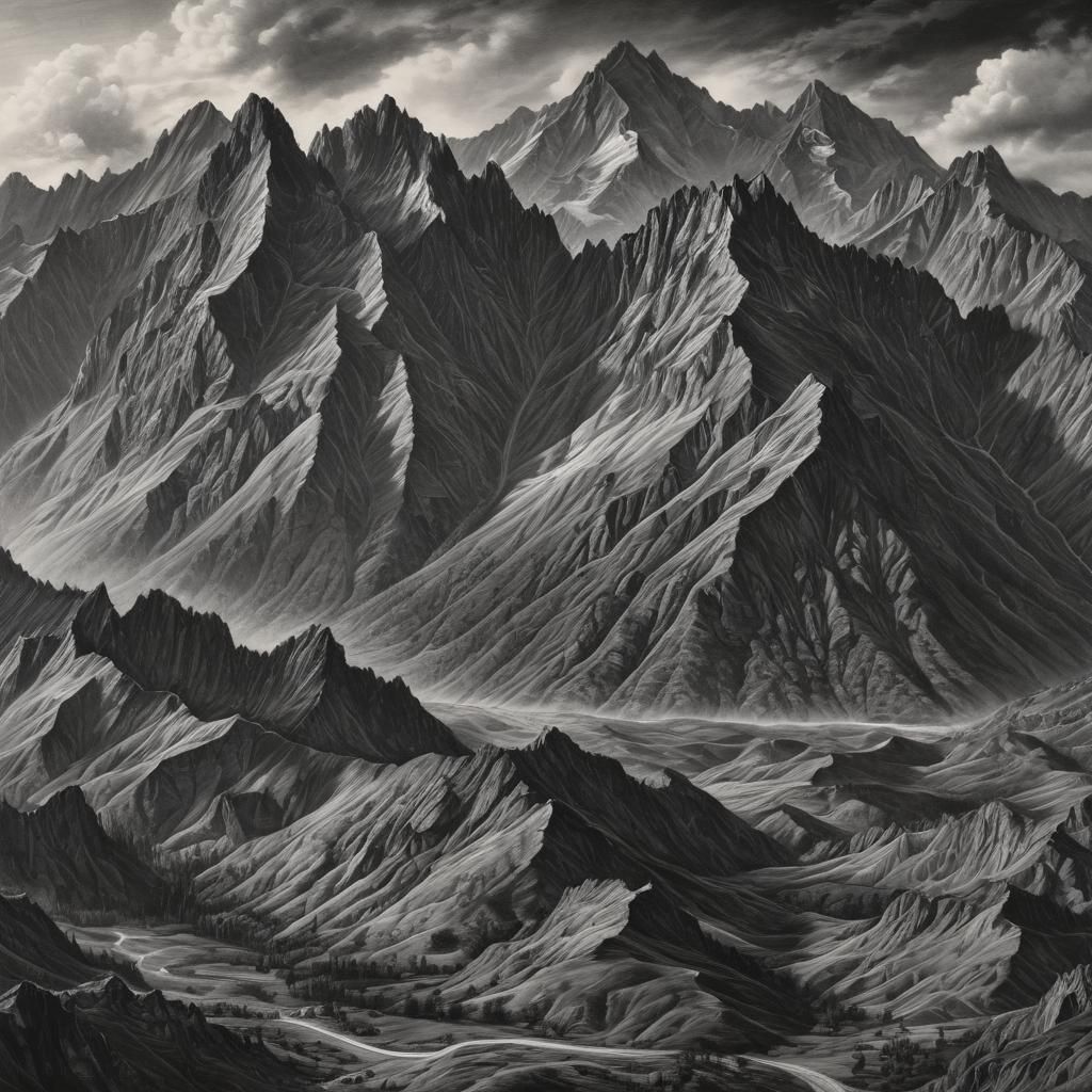 Dramatic Mountain Range in Charcoal Drawing Style