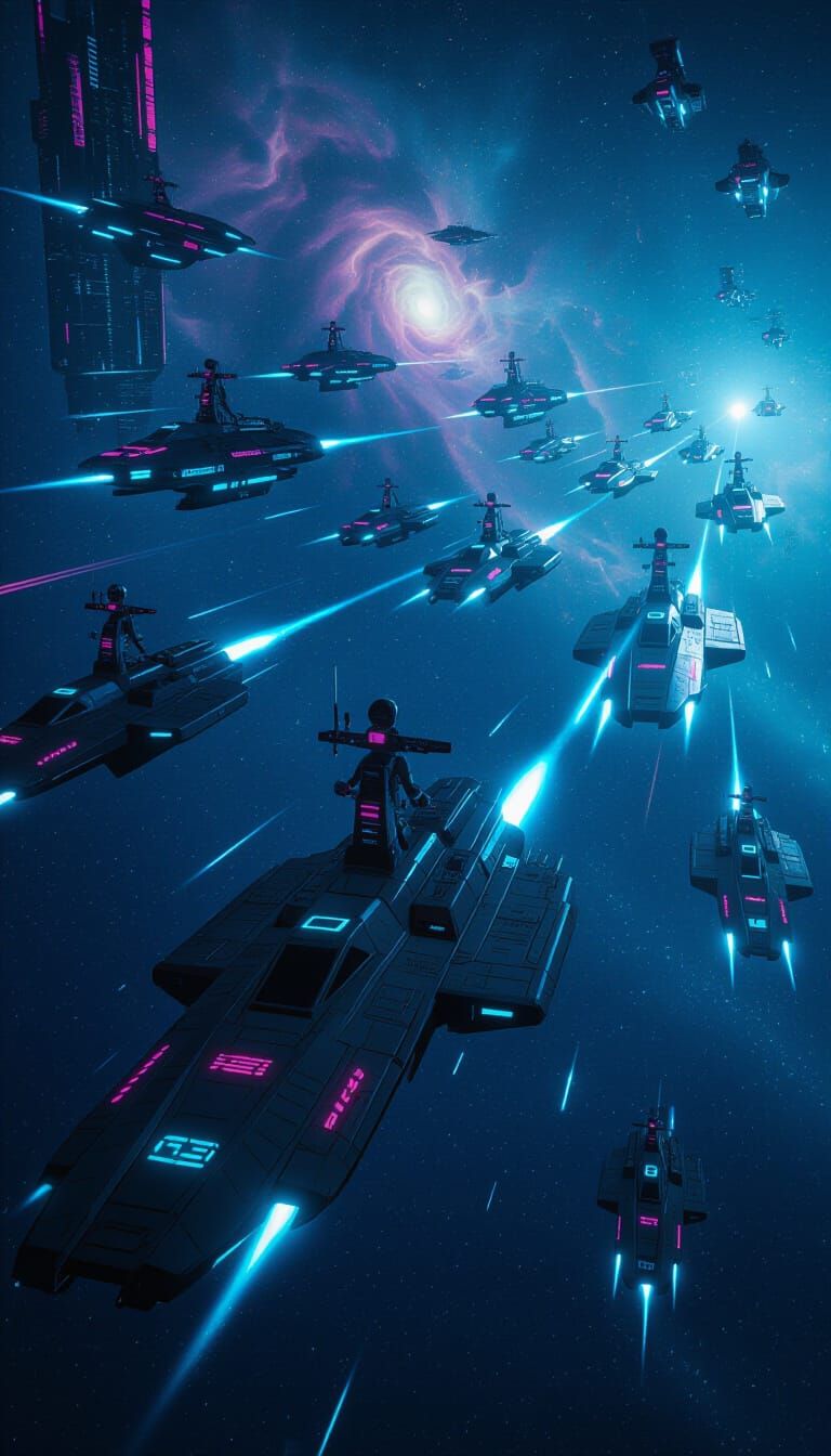 Cyberpunk Pirate Spaceships in Neon Nebula
