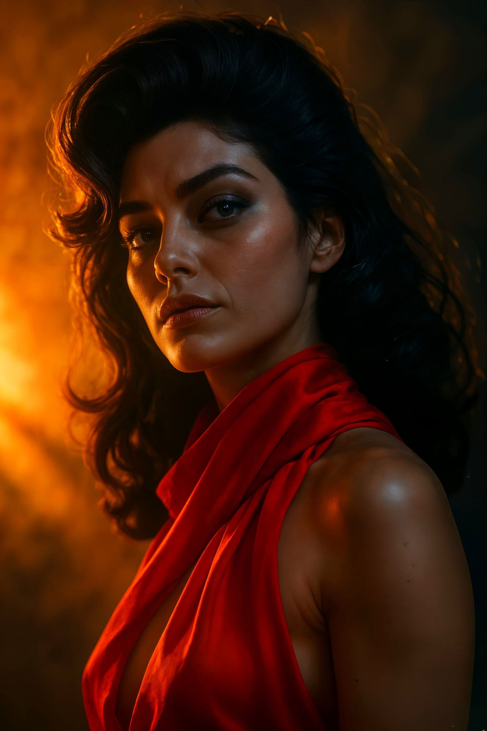 Brunette in Scarlet Silk Scarf: Pulp Noir Portrait