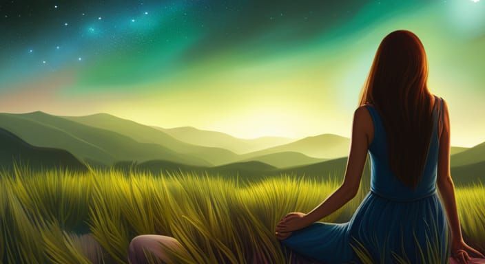 Woman Overlooking Starry Meadow, Digital Painting