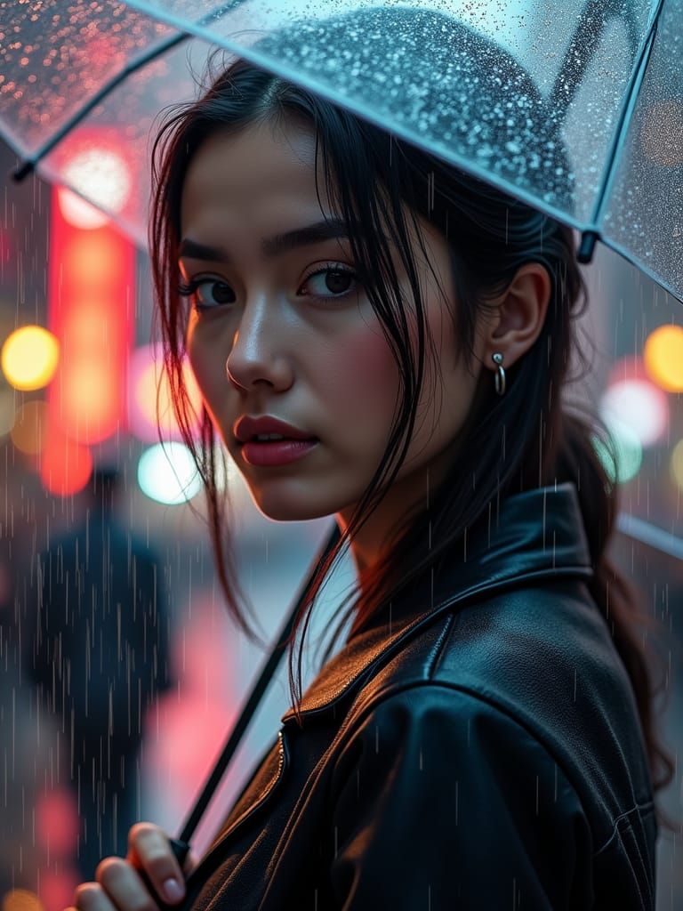 Rainy City: Hyperrealistic Portrait of Woman with Umbrella