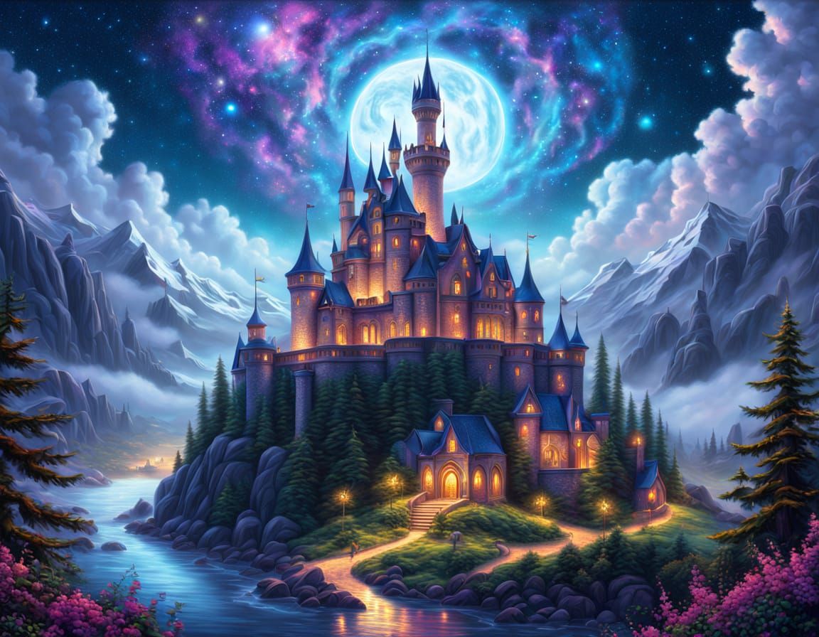 Ethereal Wine Glass Cosmos in Vibrant, Dreamlike Castle Sett...