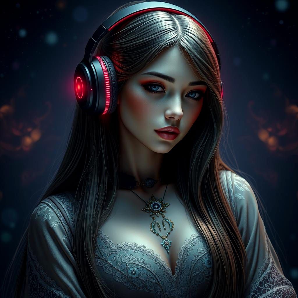 Ethereal Woman Listening to Music in Digital Art