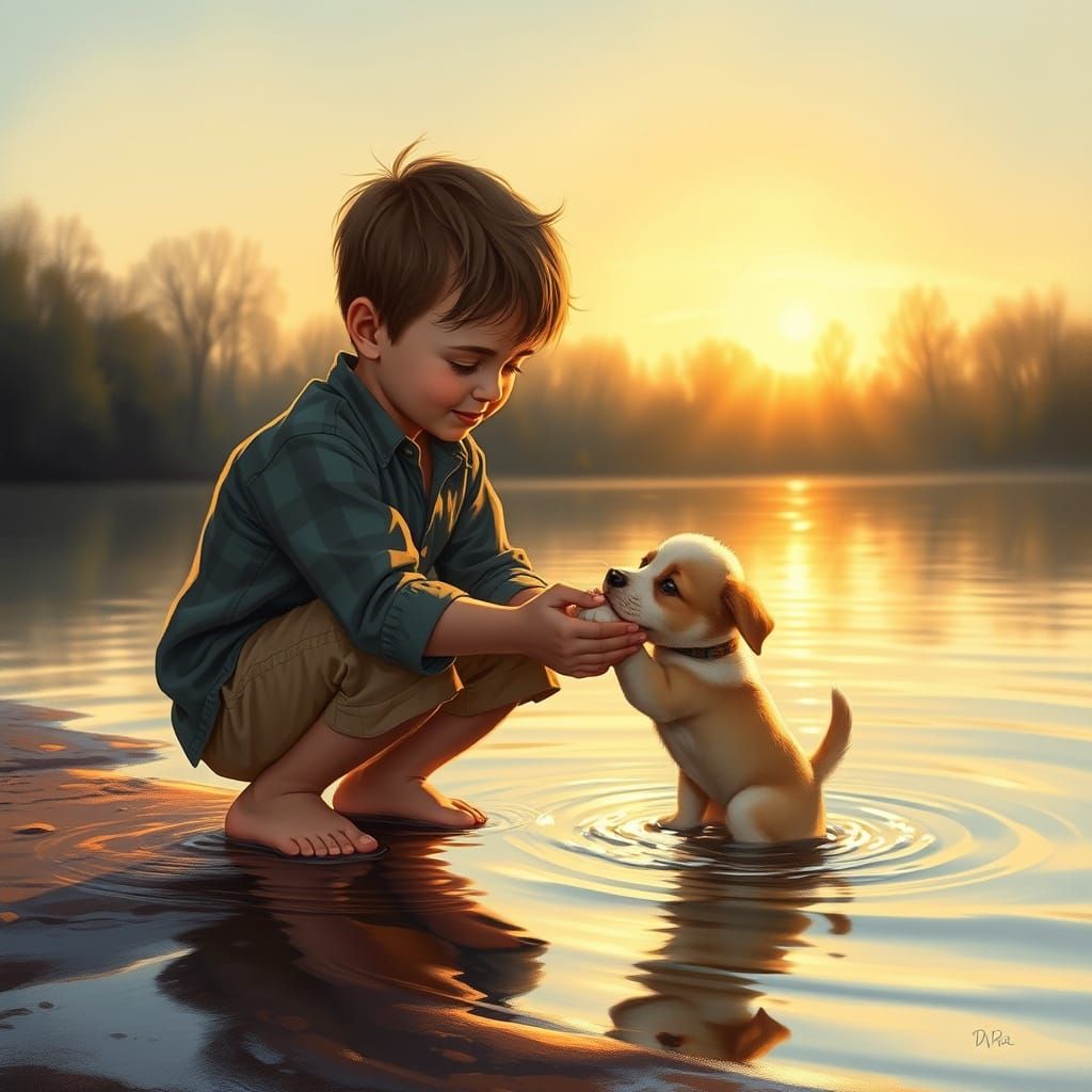 Boy Rescues Puppy From River at Dusk