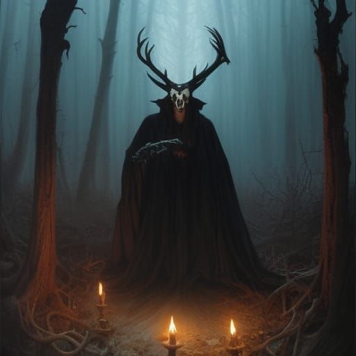 Gothic Horror Demon with Deer Skull in Decaying Forest