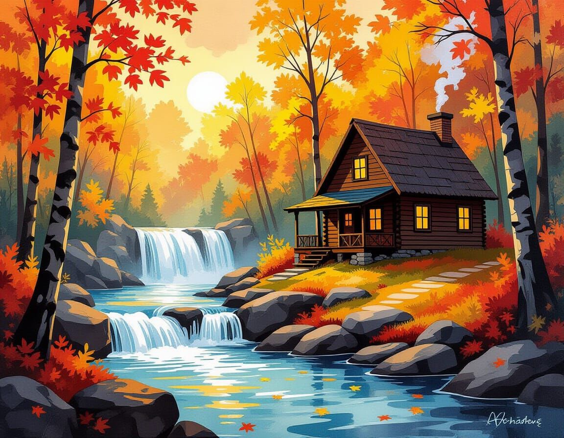 Autumn Cabin Beside Waterfall in Impasto Style