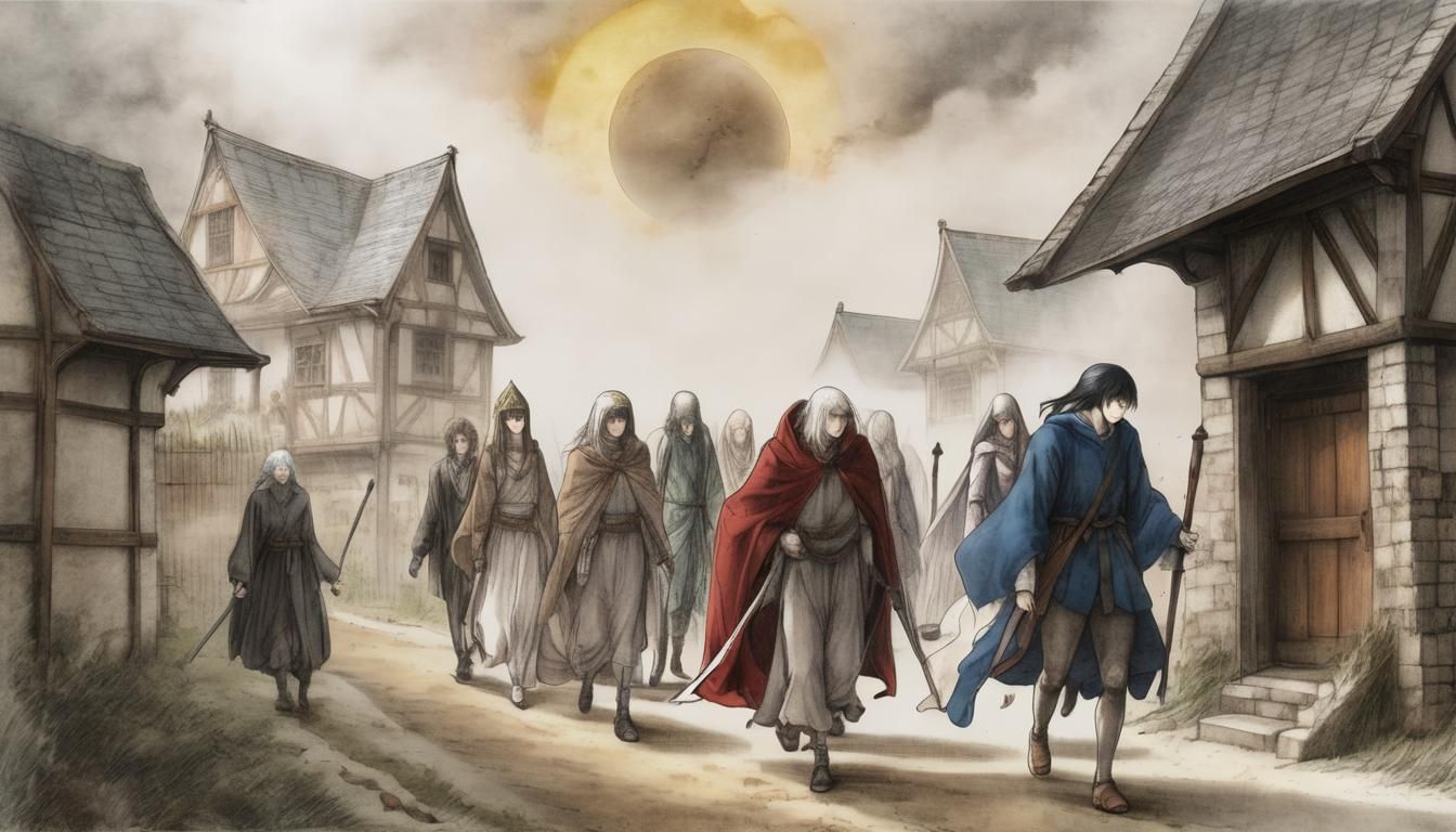 Medieval Fantasy Scene with Cosmic Strands