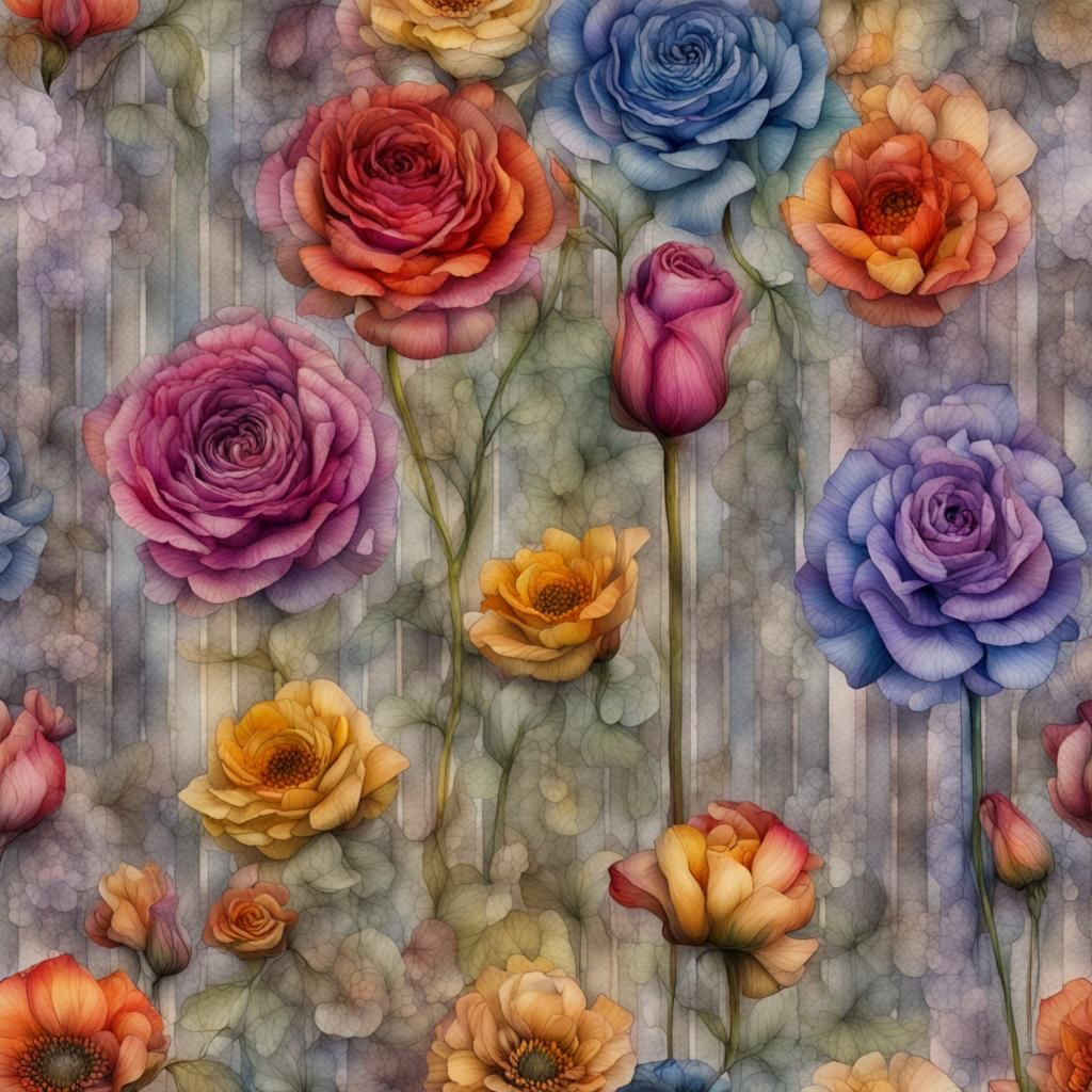 Rainbow Flowers on Scrapbook Paper, 3D Gothic Art