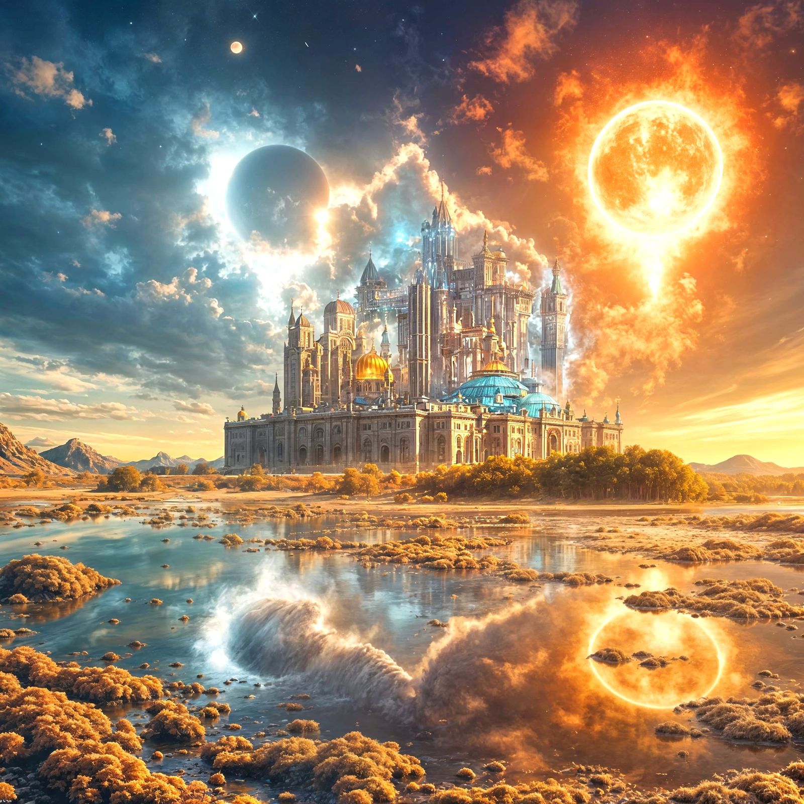 Mirage of Alien City with Dragon Under Twin Suns