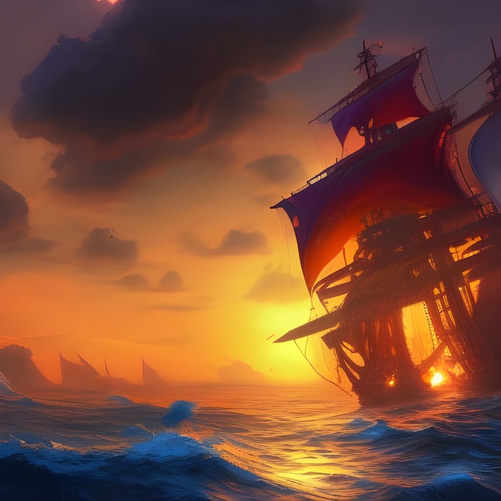 Colorful Corsair Ships at Sunset in Fantasy Art Style