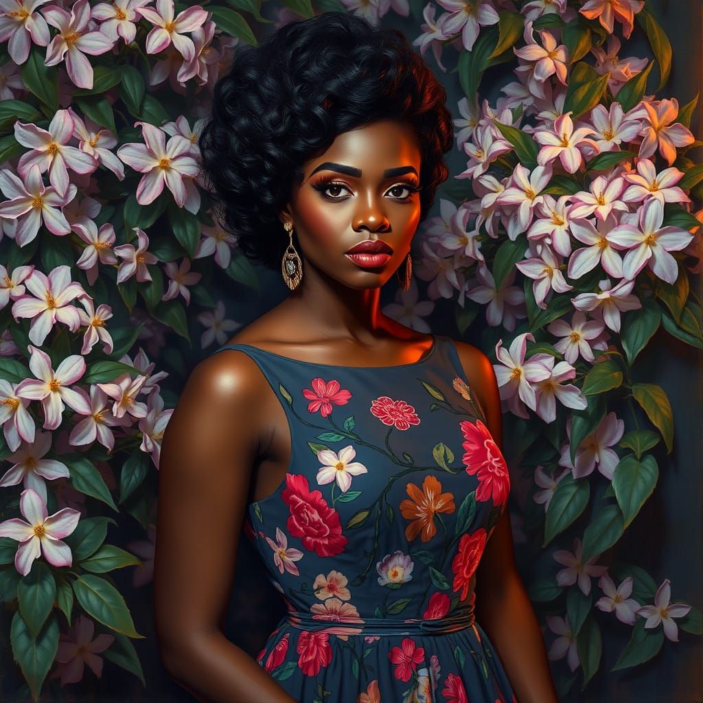 Elegant Black Woman Surrounded by Jasmine Flowers