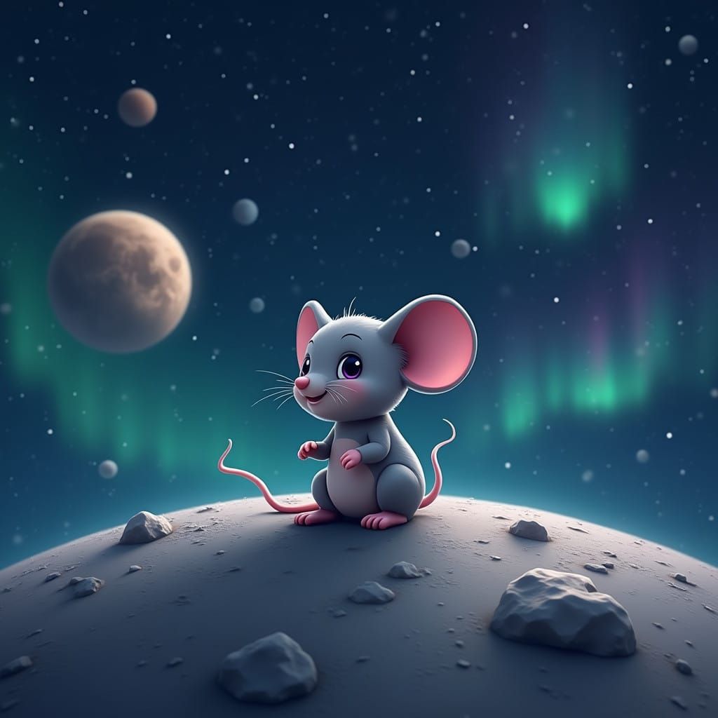Hyper Realistic Chibi Mouse in Lunar Night Sky