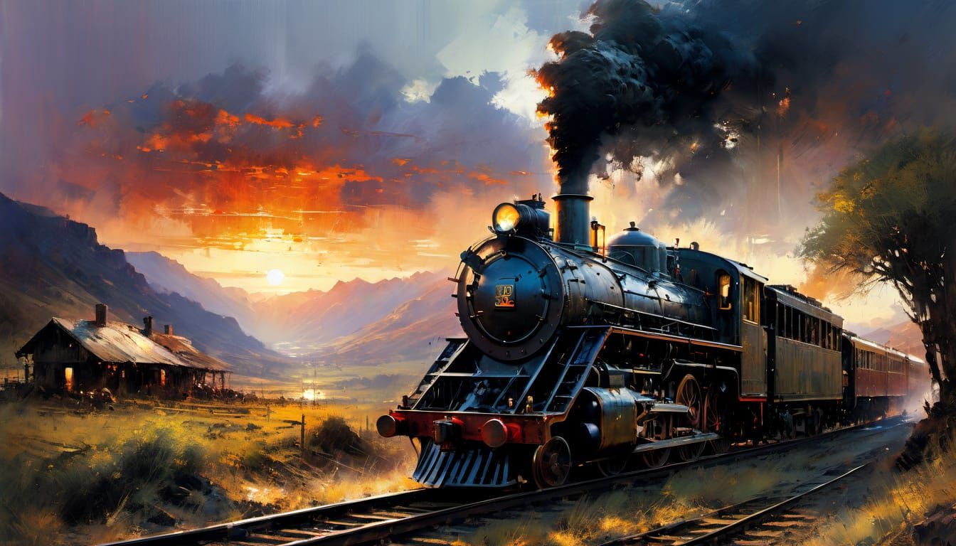 Old Steam Locomotive in Mountain Valley at Sunset