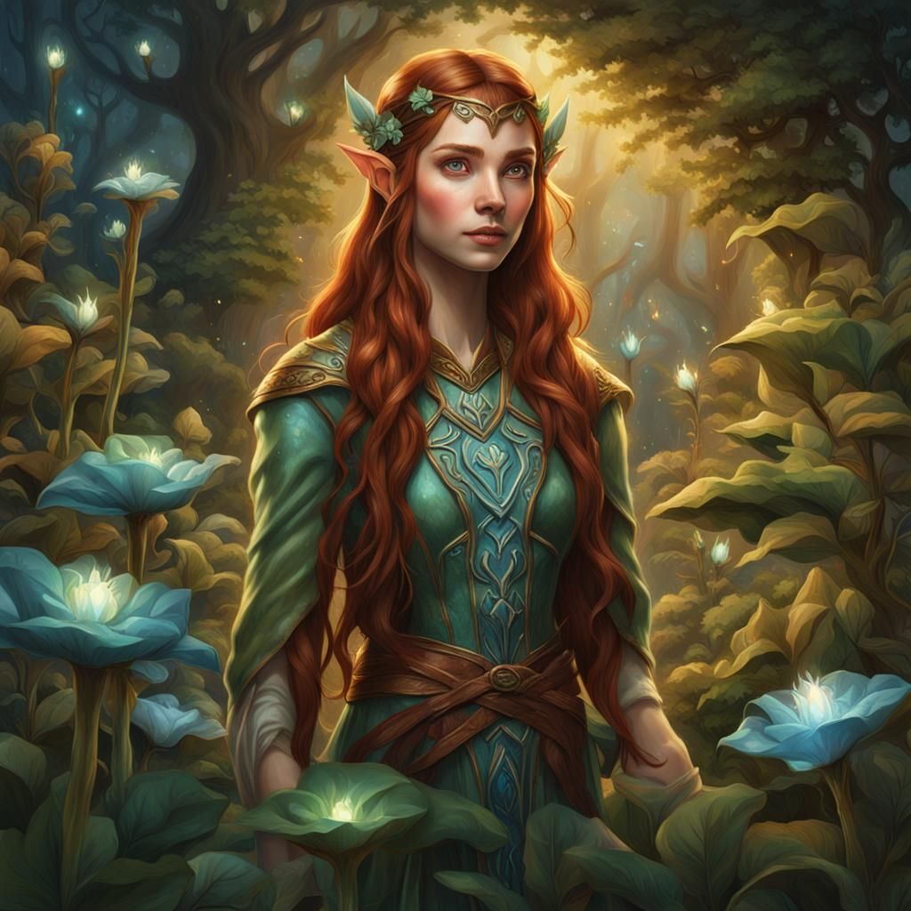 Elven Woman in Bioluminescent Garden, Hyperrealistic Style