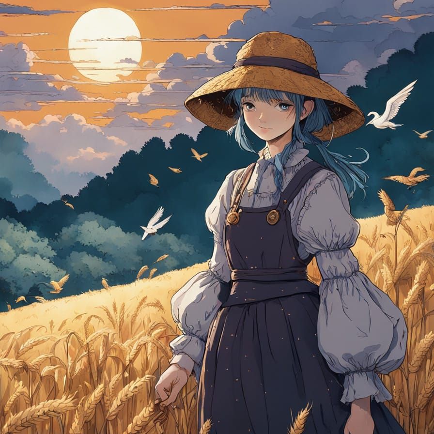Whimsical Scarecrow Goddess in Vibrant Anime Style