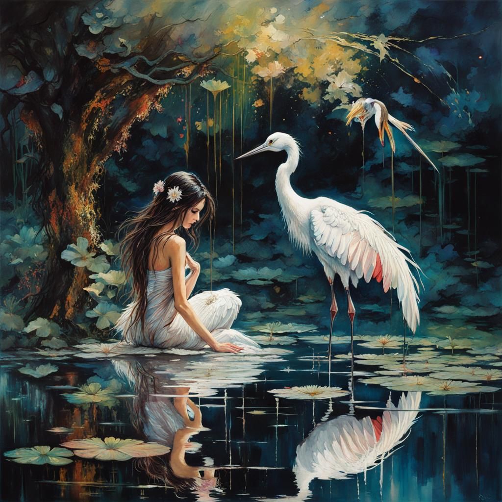 Crane Touching Reflection in Dark Fantasy Style