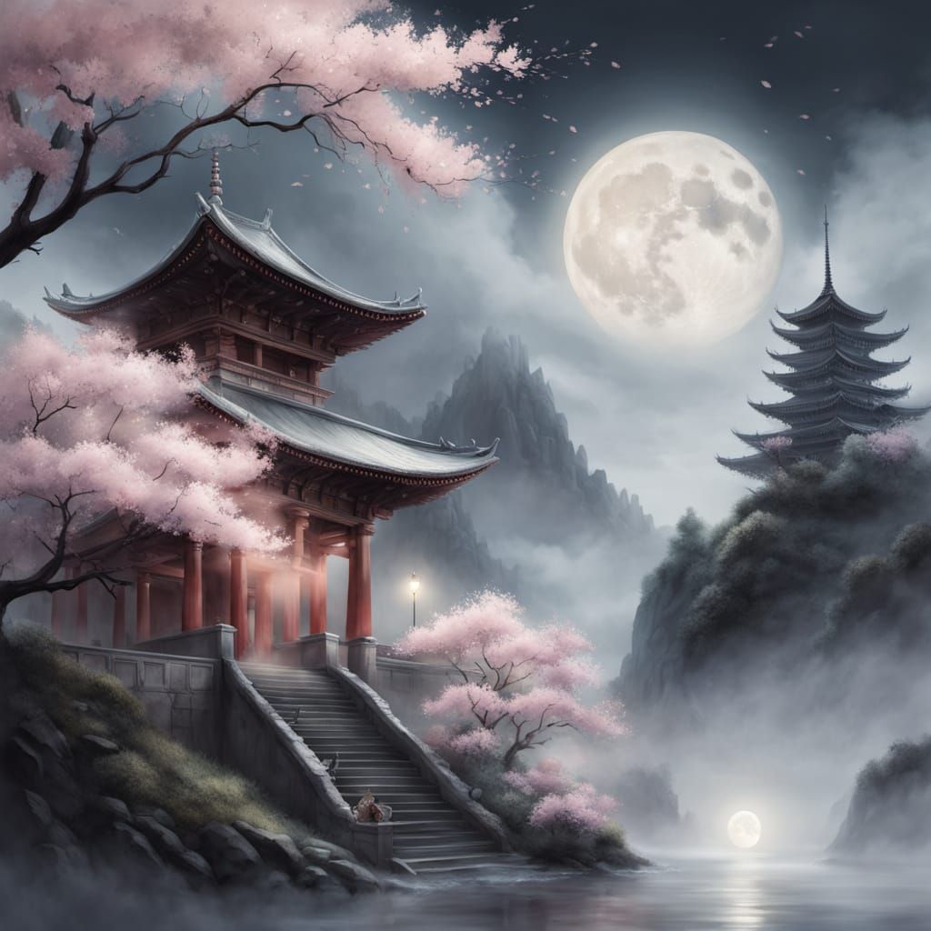 Surreal Cherry Blossom Temple Under Moonlit Serenity
