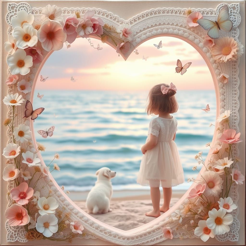 Heart Frame with Peaceful Shoreline Scene in Soft Pastels