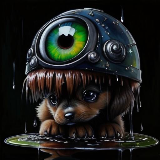 Sad Puppy in Rain: Watercolor Photorealistic Painting