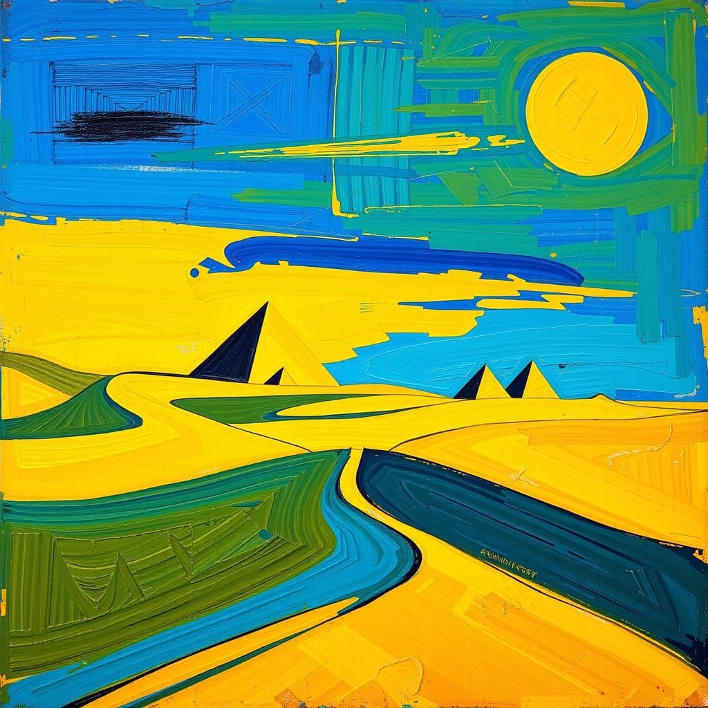 Cubist Desert Landscape with Pyramids
