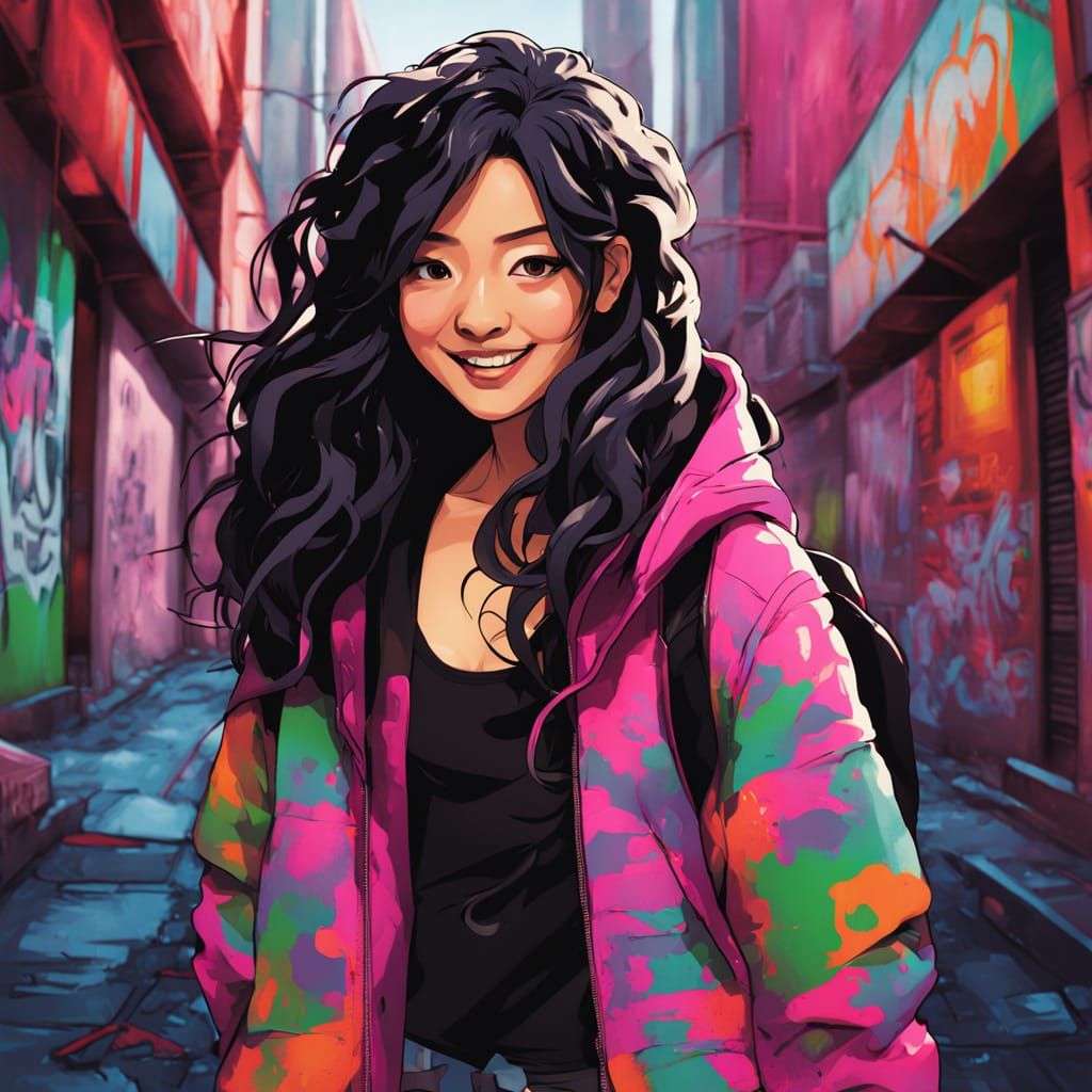 Vibrant Japanese Woman in Street Art Wonderland