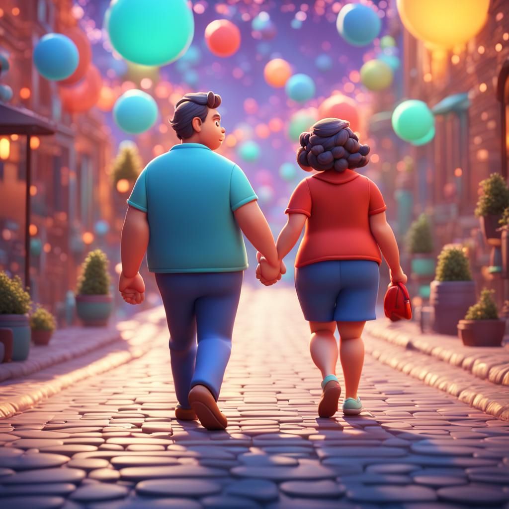 Chubby Couple Walking, Pixar Style 3D Render